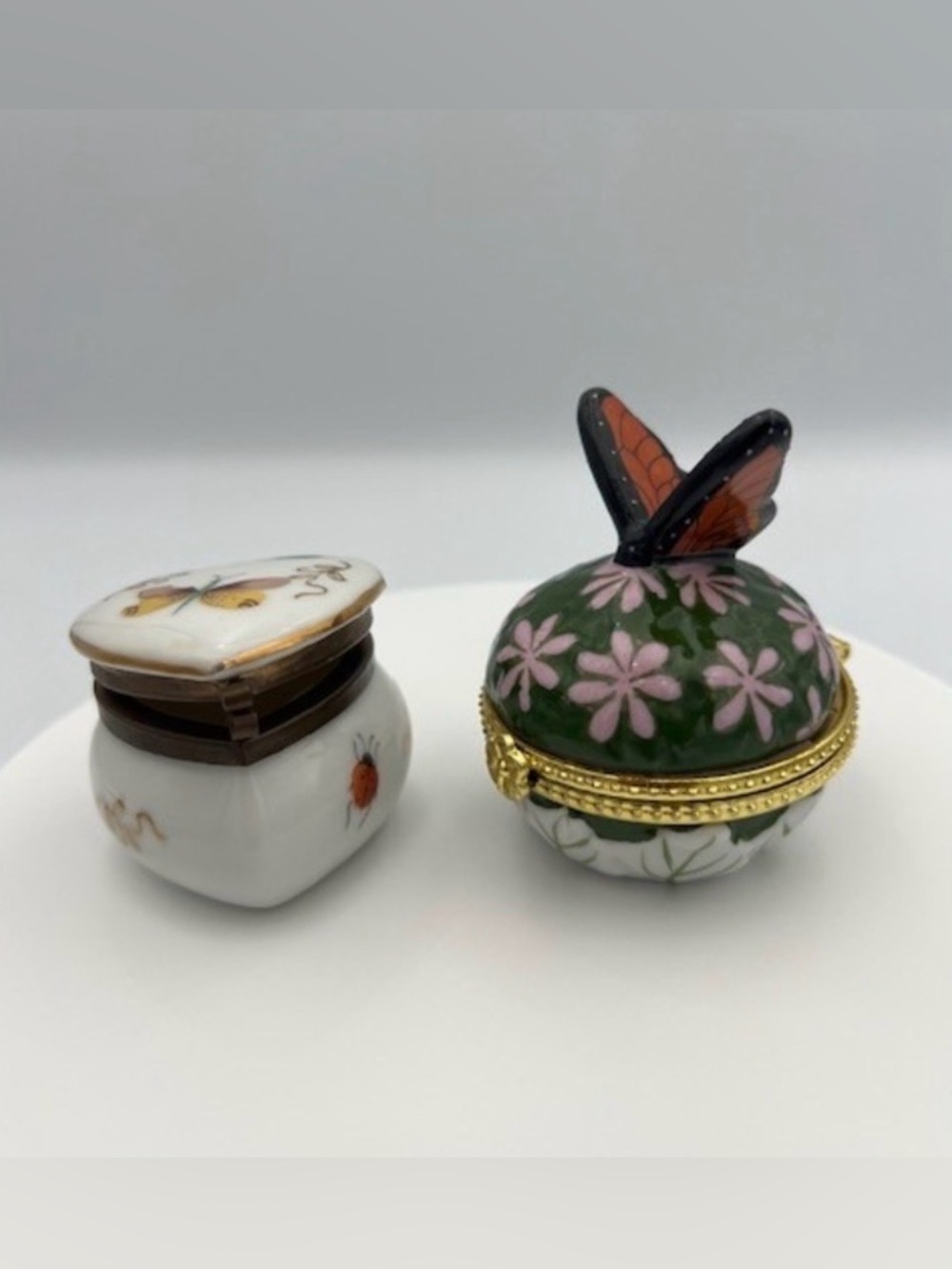 Limoges Porcelain Trinket Box Set Butterfly Heart Ladybug Hand Painted 2pc